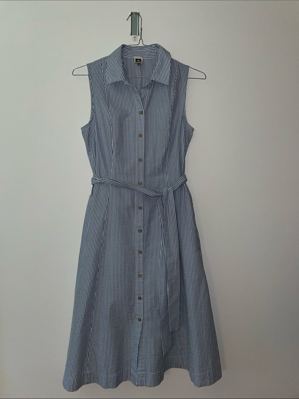 Anne Klein Blue and White Pinstripe Sleeveless Shirt Dress with Belt